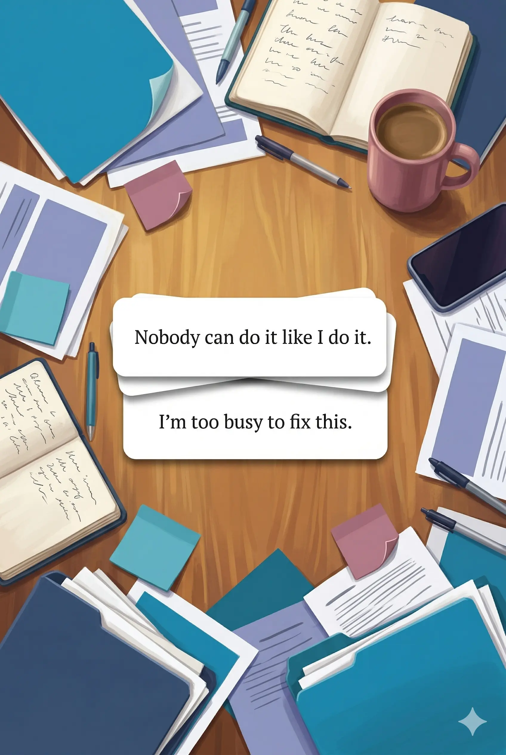 Semi-realistic illustration of a chaotic desk viewed from above, with scattered teal and navy folders, overlapping documents, dusty rose sticky notes, open notebooks with handwritten notes, pens, and a phone arranged around a clear warm wood center. A dusty rose coffee mug sits at the top. Two white rounded cards float in the middle reading 'Nobody can do it like I do it.' and 'I'm too busy to fix this.'