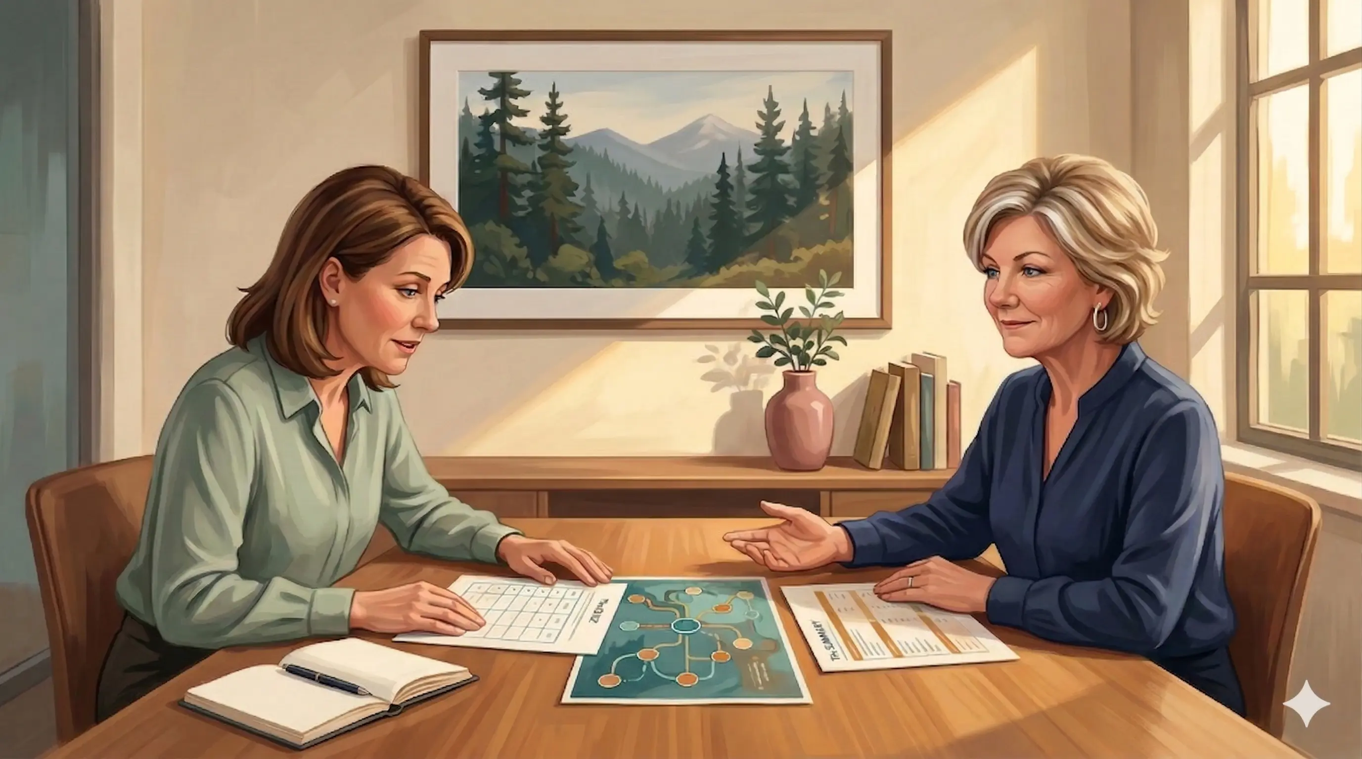 Semi-realistic illustration of Lynn Matson, holistic operational consultant, seated across from a female client at a warm wood meeting table. Three documents are spread between them — a sparse quiz page, a teal bottleneck map, and a structured assessment report — as the client leans forward examining the materials. Lynn watches with calm patience, one hand open on the table. A Pacific Northwest landscape painting hangs on the cream wall behind them, with a dusty rose vase and plant on a credenza, and warm afternoon light coming through a window to the right.
