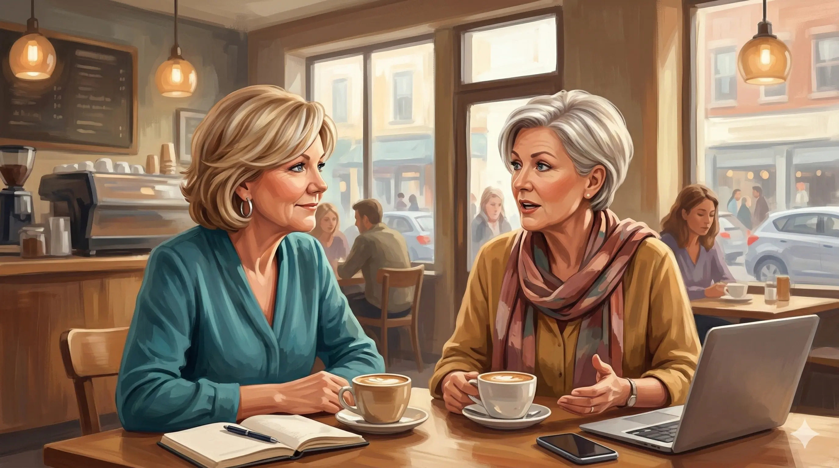 Semi-realistic illustration of Lynn Matson, holistic operational consultant, seated across from a silver-haired female client at a café table. The client gestures expressively while talking, a laptop and phone on the table in front of her, two lattes between them. Lynn listens with warm focused attention, smiling. Pendant lights glow above, large windows show a busy street scene beyond, and a coffee bar is visible in the background.