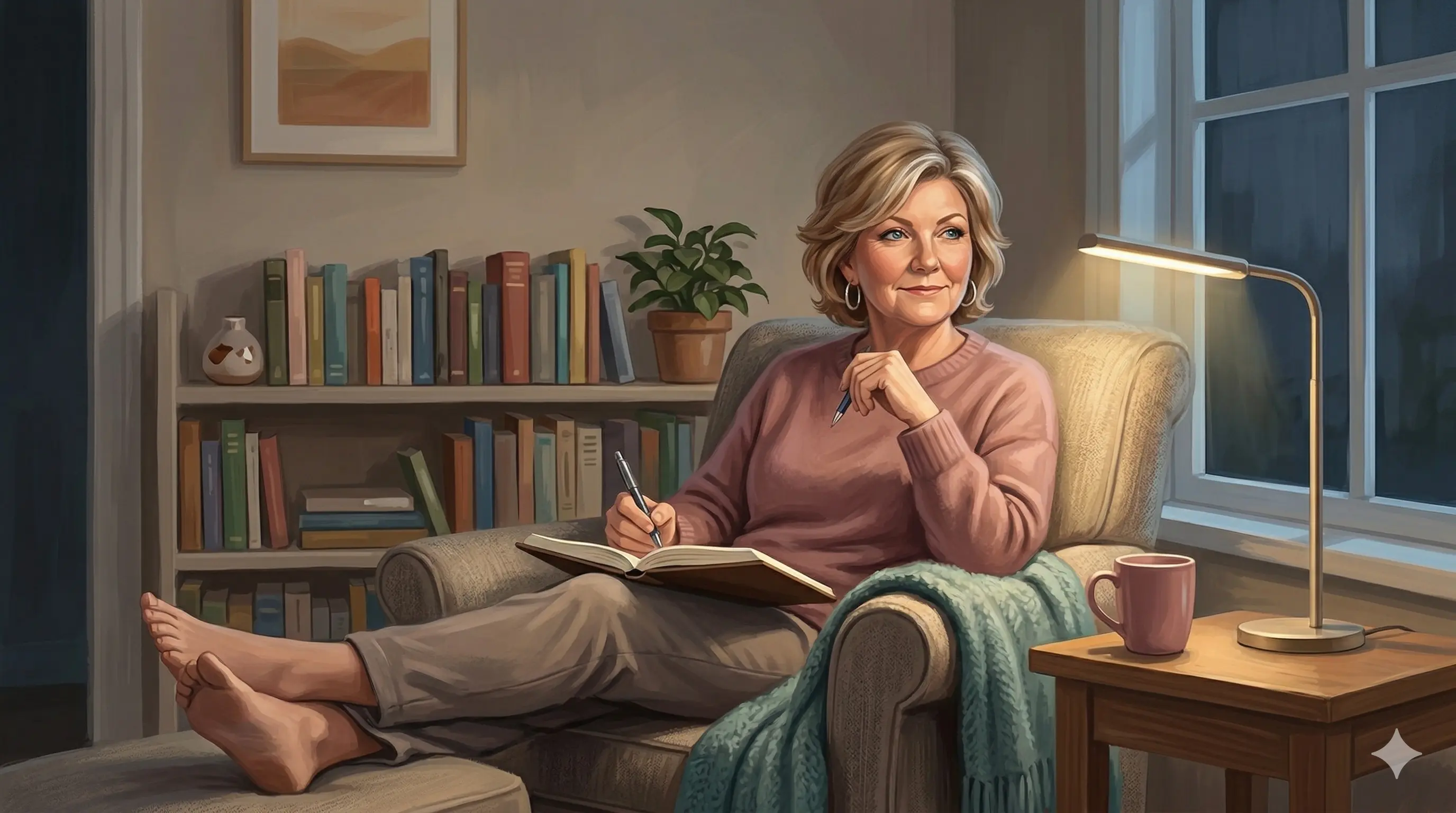Semi-realistic illustration of Lynn Matson, holistic operational consultant, relaxing barefoot in a cozy armchair with a notebook open on her knee and pen in hand, in thoughtful reflection. A teal knitted blanket drapes over the chair arm, a dusty rose mug sits on the side table beside a modern lamp, and colorful bookshelves with a small plant are visible in the background against a dark evening window.